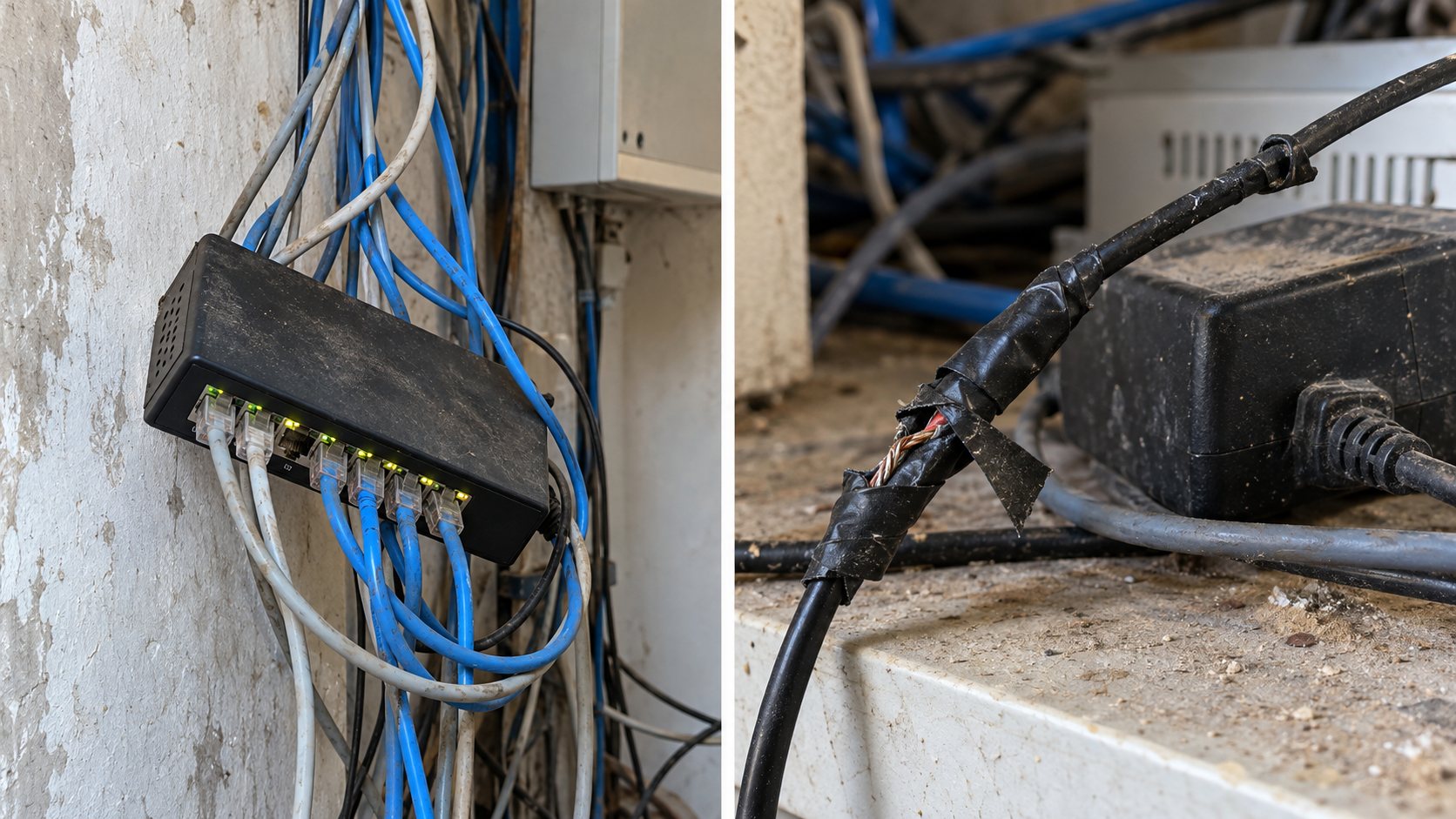 Switch pendurado na parede com cabos soltos e cabo de energia remendado com fita isolante