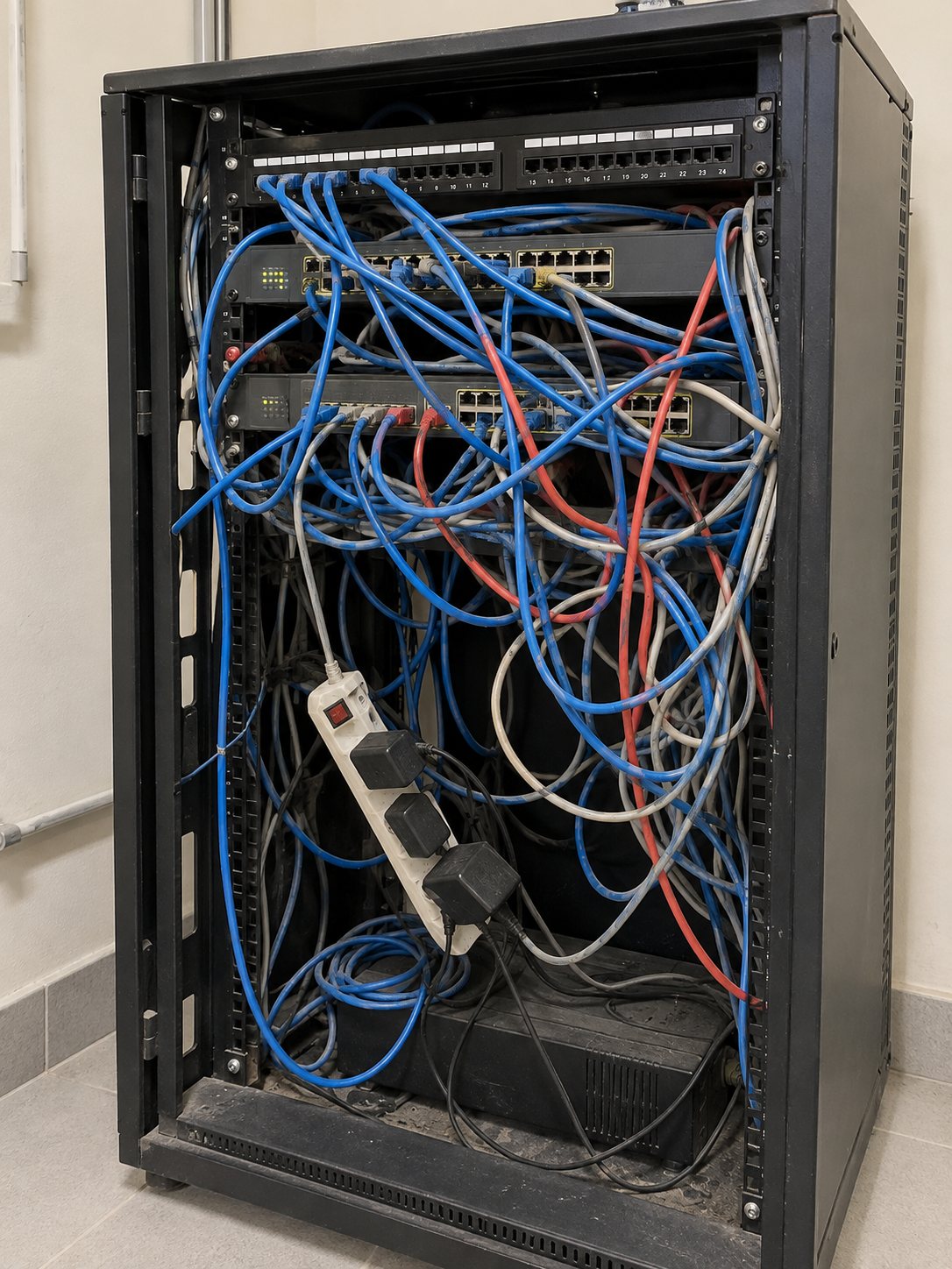 Rack de rede com cabos azuis, vermelhos e cinzas embolados e régua de tomadas solta no meio