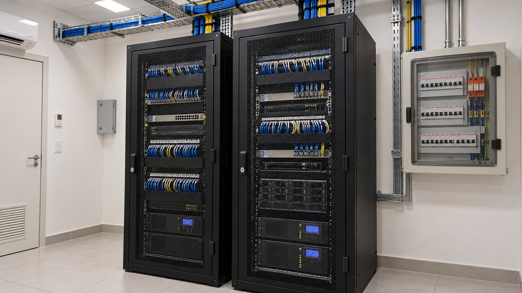 Sala técnica com dois racks fechados e organizados, cabos em eletrocalha, nobreaks e quadro elétrico com proteção contra surtos