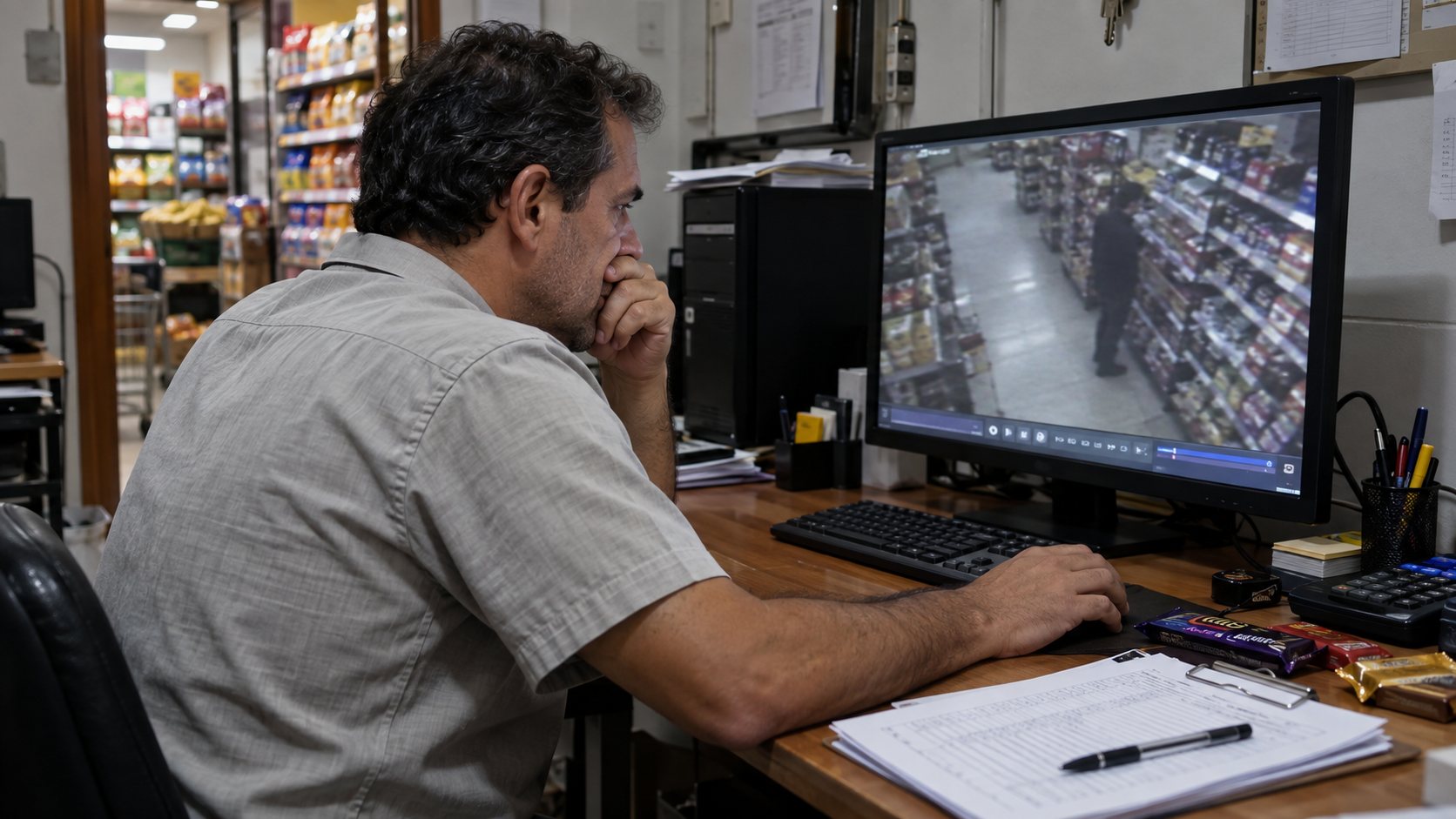 Gerente de mercado no escritório dos fundos olhando no monitor a gravação de uma câmera, com imagem distante e sem nitidez